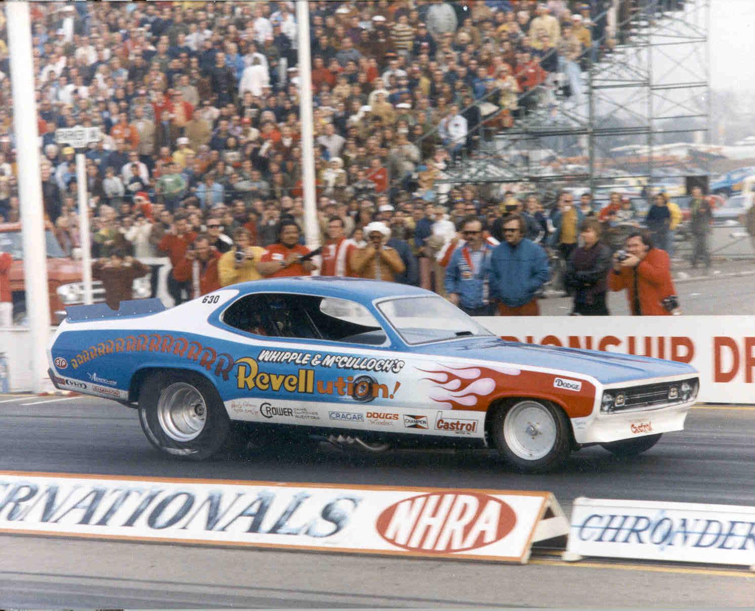 Whipple & McCulloch Revellution funny car at an NHRA event.