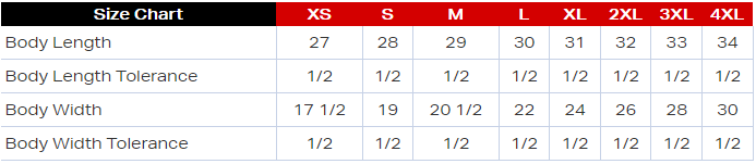 Whipple apparel size chart